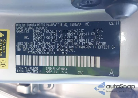 2012 Toyota Highlander Se V6 z USA, uszkodzony, nr VIN 5TDBK3EH3CS103174